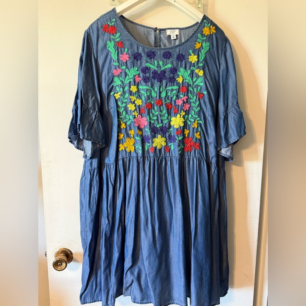 Crown & Ivy Denim Embroidered Midi Dress